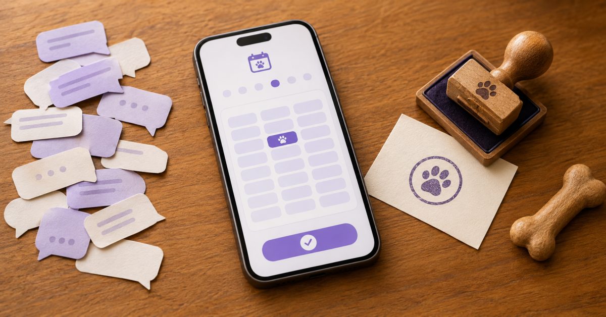 Celular com tela de agendamento destacada, bloco de notas rabiscado e riscado, aviãozinho de papel parado e carimbo de patinha sobre mesa de madeira, representando o fim da negociação manual por WhatsApp