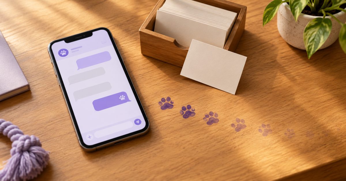 Celular com conversa de WhatsApp, caixa de contatos com um cartão puxado para fora e trilha de patinhas sumindo sobre mesa de madeira