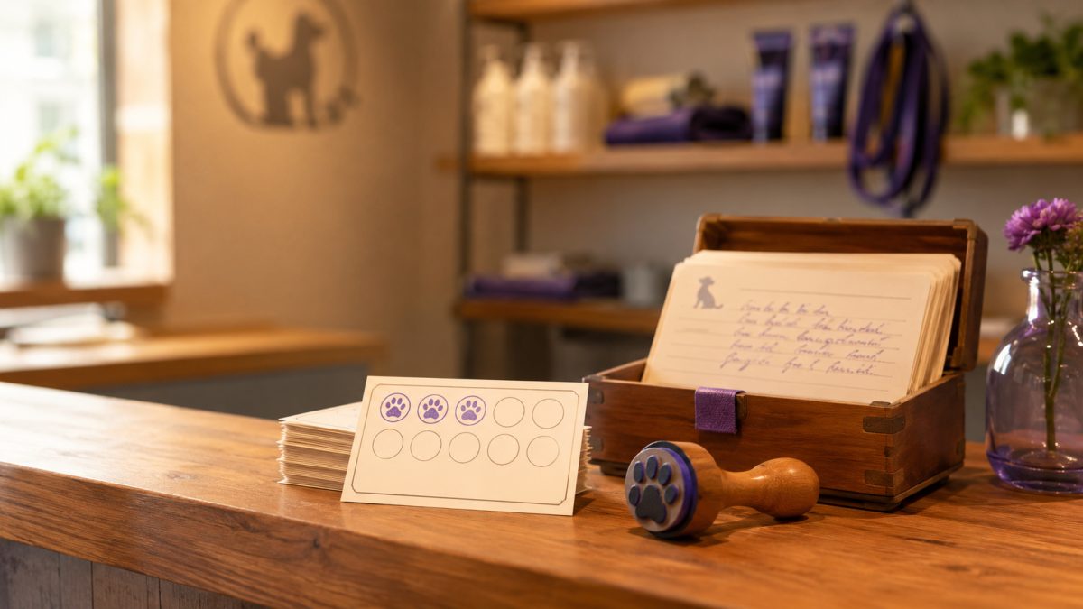 Cartão de fidelidade com carimbo de pata ao lado de uma ficha de cliente com anotações manuscritas, numa recepção de pet shop