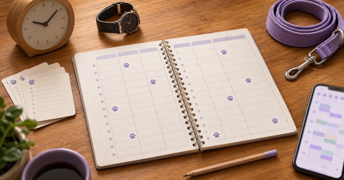 Planner semanal com adesivos de patinha marcando horários, relógio, celular com agenda colorida e coleira roxa sobre mesa de madeira
