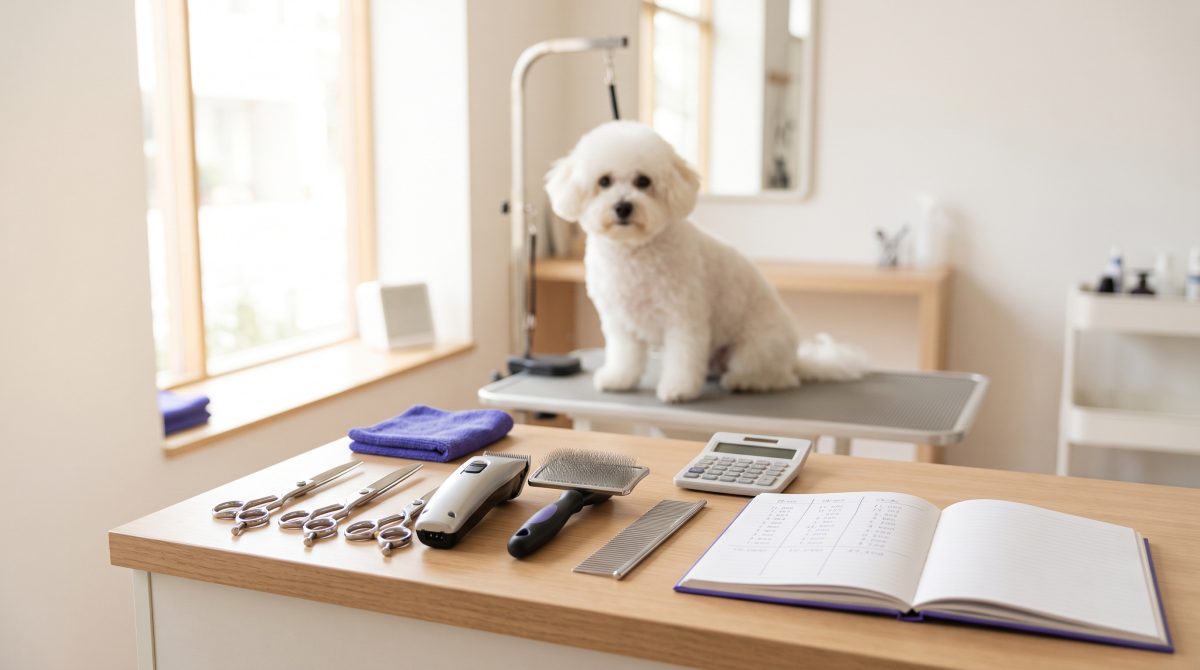 Tesouras, máquina de tosa, escova, pente e calculadora sobre a bancada de um pet shop, com um cão branco de pelo cacheado sentado na mesa de tosa ao fundo