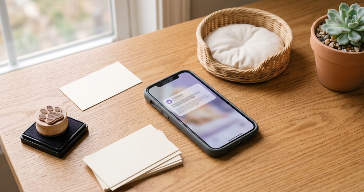 Celular com notificação de lembrete, cama de pet vazia, carimbo de patinha e cartões em branco sobre mesa de madeira, representando falta no agendamento