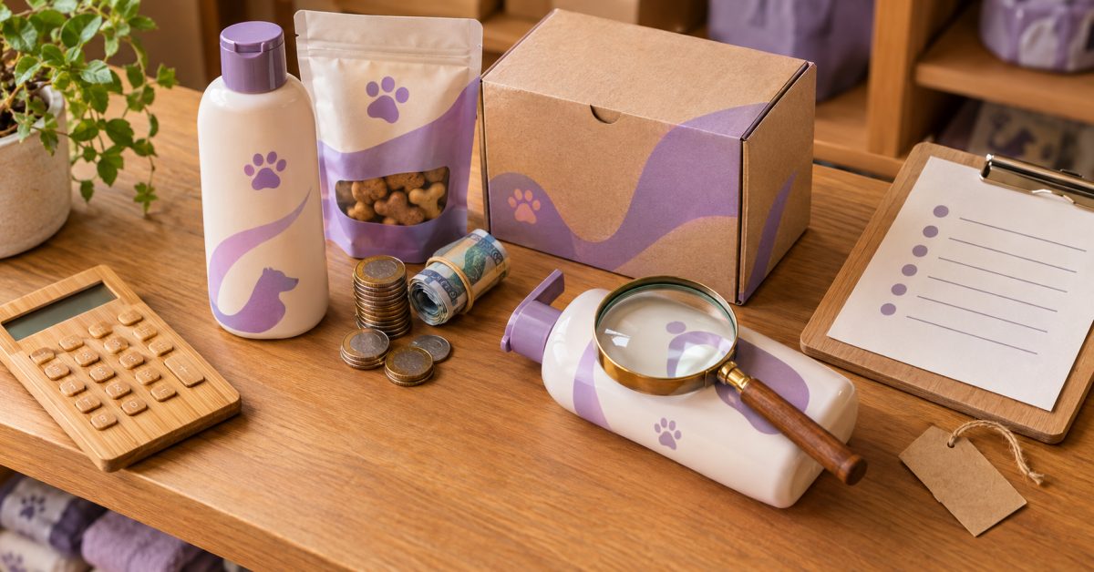 Produtos de pet shop com moedas e uma nota de dinheiro entre eles, calculadora e lupa sobre mesa de madeira, representando estoque parado
