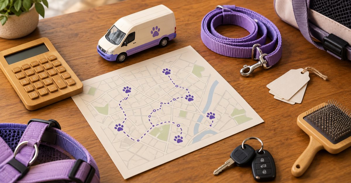 Van de leva e traz com patinha roxa, mapa de rotas com trajeto pontilhado e calculadora sobre a mesa de um pet shop