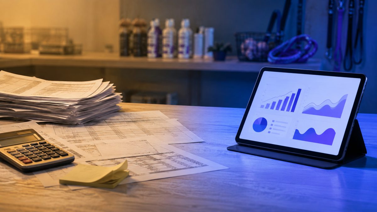 Pilha de planilhas impressas com calculadora ao lado de um tablet exibindo um painel digital organizado, numa bancada de pet shop