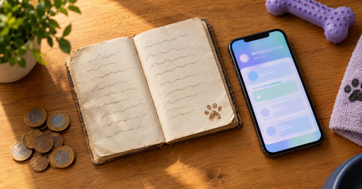Caderninho antigo aberto com anotações rabiscadas, moedas e celular com tela de aplicativo sobre mesa de madeira, representando o controle de venda a prazo no pet shop